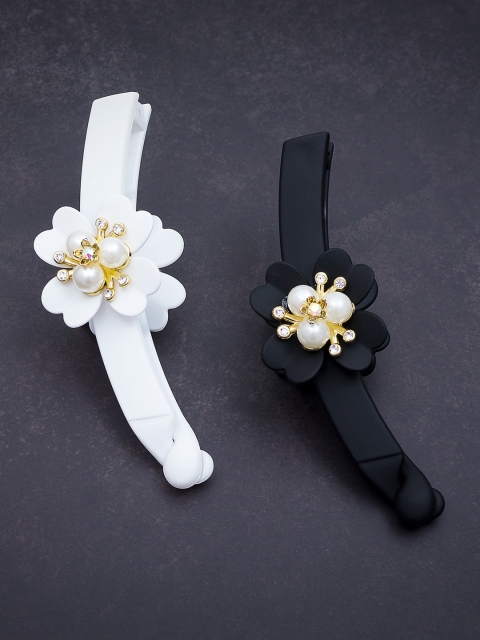 

Golden Peacock Pack Of 2 Embellished Banana Clips, White