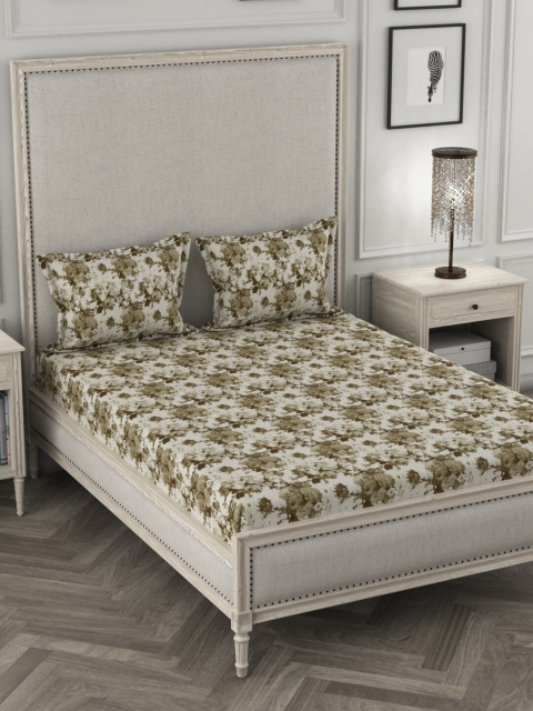 

AMOUVE Olive Green & White Floral 300 TC Organic Cotton 1 KingBedsheet with2 Pillow Covers