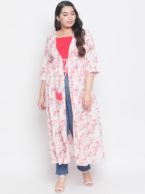 

Amydus Women White & Pink Printed Tie-Up Shrug