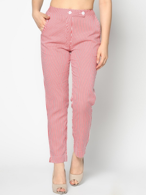 

SQew Women Red & White Slim Fit Striped Cigarette Trousers