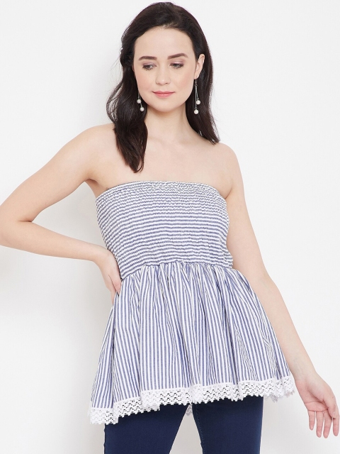 

Ruhaans Women White & Blue Striped Tube Pure Cotton Top