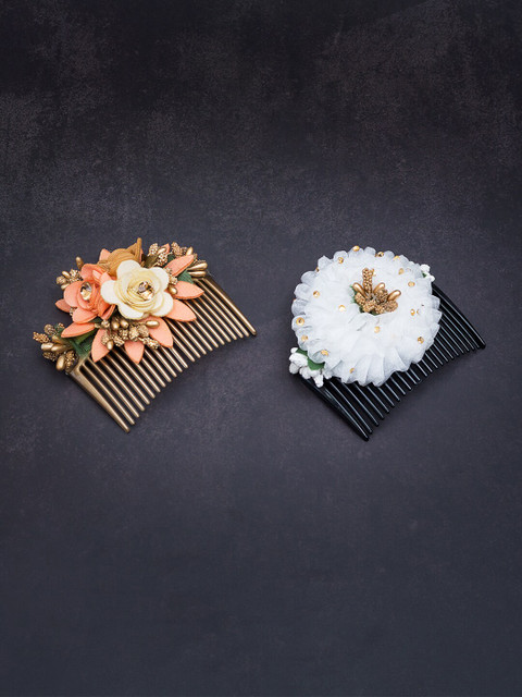 

Golden Peacock Brown & White Set of 2 Embellished Comb Pin