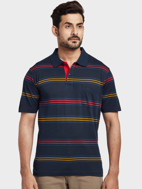 

ColorPlus Men Navy Blue & Yellow Striped Polo Collar T-shirt