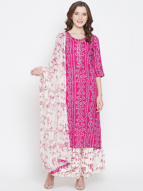

Castle Women Pink & Off-White Printed Kurta with Skirt & Dupatta