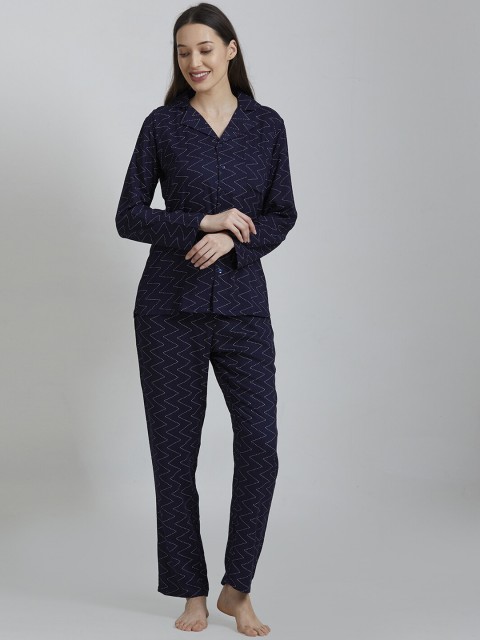 

DRAPE IN VOGUE Women Navy Blue & Off-White Printed Night suit