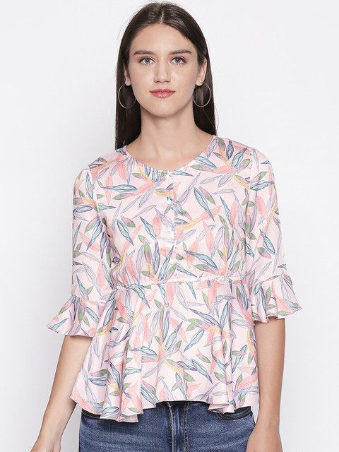 

Mesmerize Women Peach & Blue Tropical Printed Peplum Top