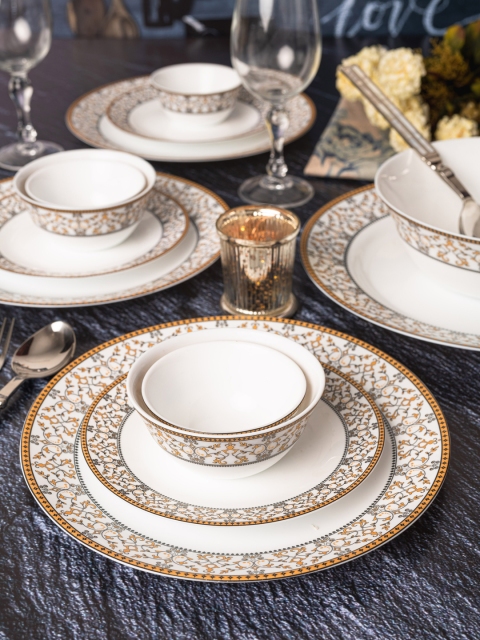 

Laopala 33 Pieces White & Mustard Yellow Sovrana Moroccan Gold Opalware Dinner Set