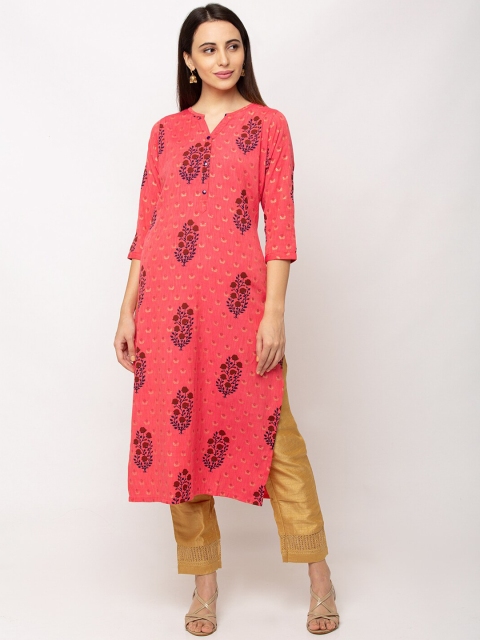 

TANKHI Women Coral Red & Navy Blue Printed Straight Kurta