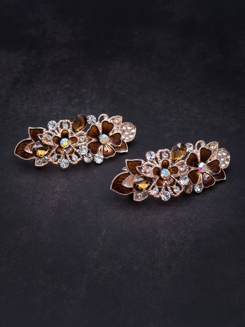 

Golden Peacock Set of 2 Brown & Gold-Toned Embellished French Barrette