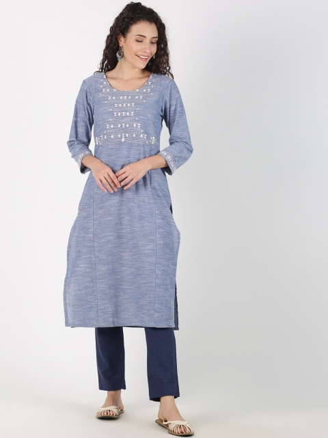 

Saffron Threads Women Blue Yoke Design Kurta with Trousers