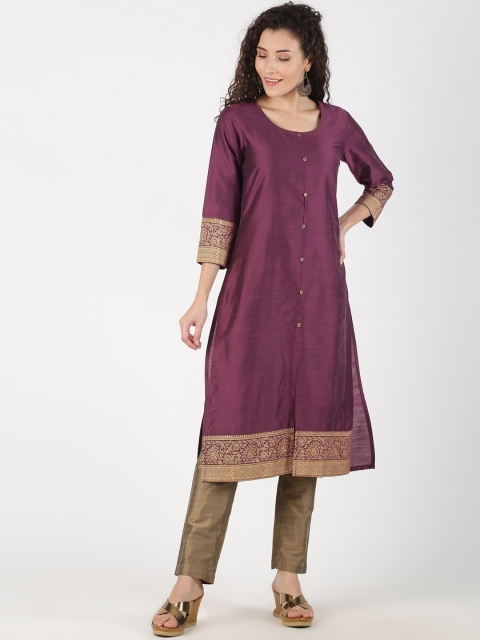 

Saffron Threads Women Burgundy & Gold-Toned Solid Kurta with Trousers