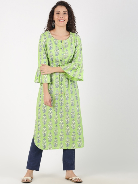

Saffron Threads Women Lime Green & Blue Printed Kurta with Trousers