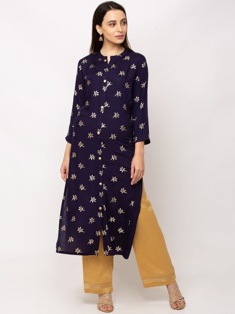 

TANKHI Women Blue Printed Straight Kurta
