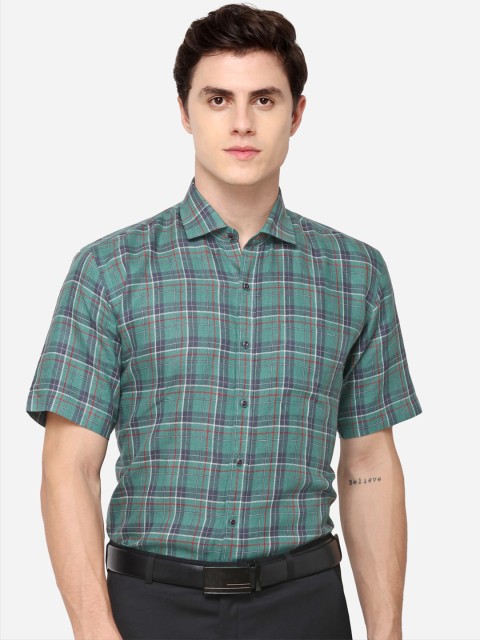 

JADE BLUE Men Green Regular Fit Checked Linen Formal Shirt