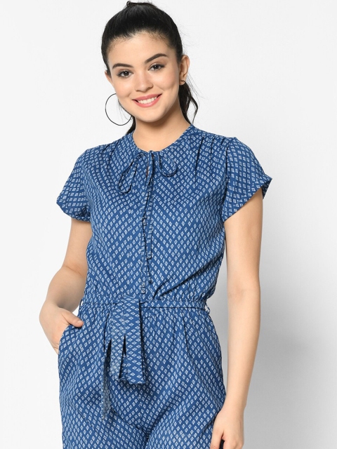 

SQew Women Blue & White Printed Playsuit