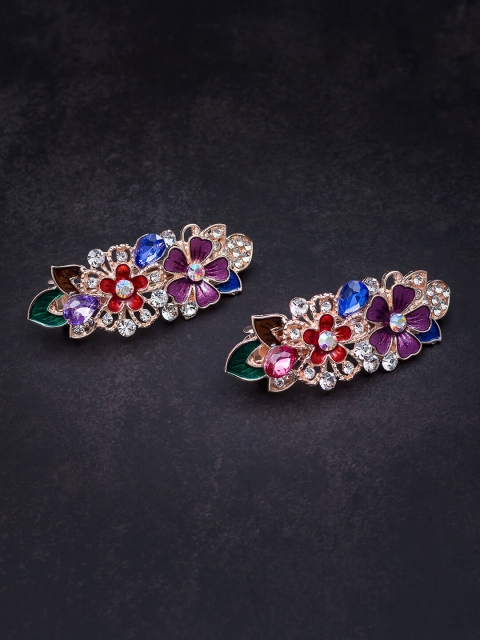 

Golden Peacock Multicoloured & Gold-Toned Set of 2 Embellished French Barrette, Multi