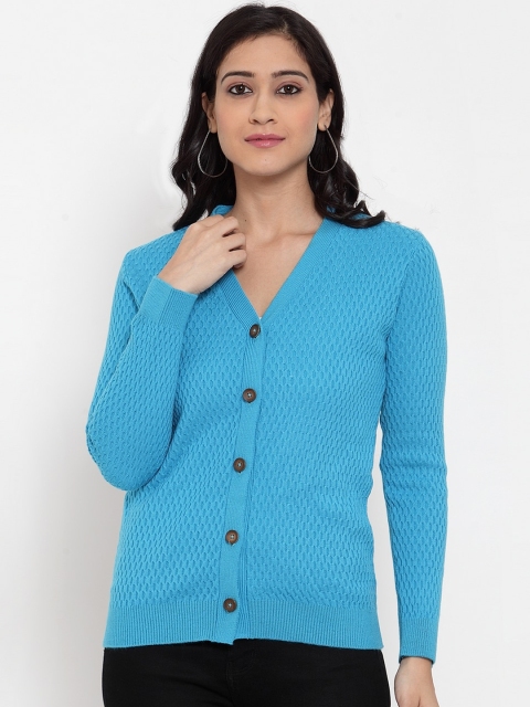 

Kalt Women Turquoise Blue Self Design Cardigan Sweater