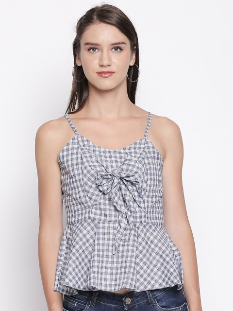 

Mesmerize Women White & Navy Blue Checked Peplum Top
