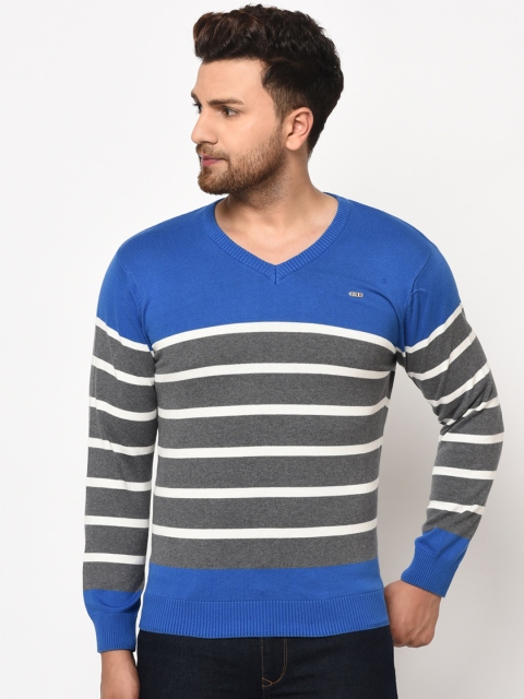 

98 Degree North Men Blue Striped Pullover Sweater