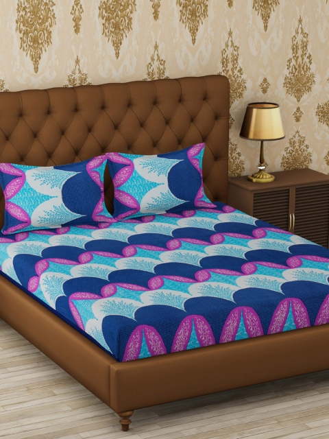 

METRO LIVING Blue & Purple Geometric 120 TC Cotton 1 Queen Bedsheet with 2 Pillow Covers