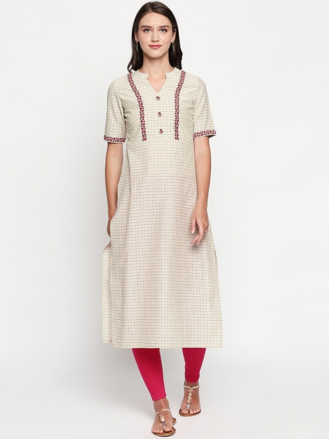 

Lobaanya Women Cream-Coloured & Blue Checked A-Line Kurta