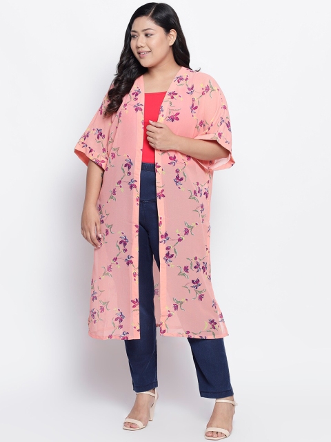 

Amydus Women Peach-Coloured Floral Printed Open Front Shrug