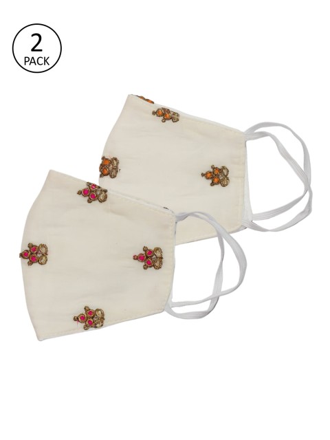 

Bellofox Women 2 Pcs Embroidered 3-Ply Reusable Cloth Masks, Off white