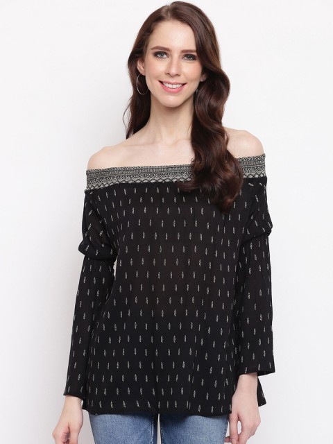 

RIVI Women Black Printed Bardot Top
