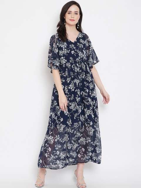 

Ruhaans Women Navy Blue & Off-White Floral Print Maxi Dress