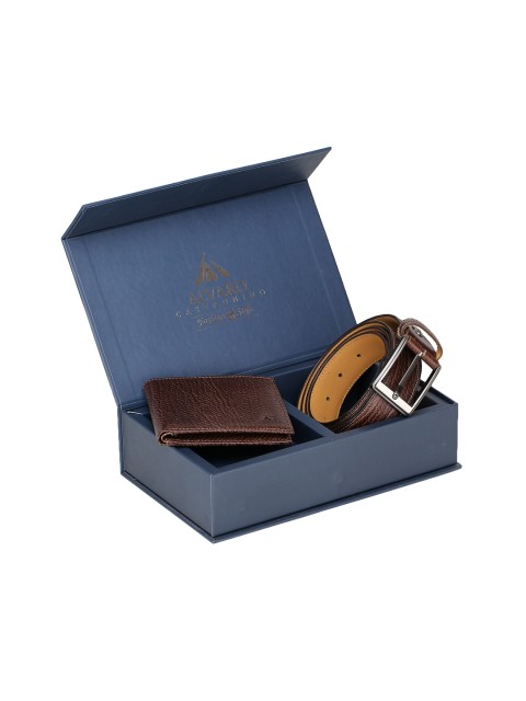 

Alvaro Castagnino Men Brown Textured Leather Belt & Wallet Accessory Gift Set