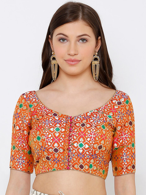 

SALWAR STUDIO Women Orange & Gold-Toned Woven-Design Readymade Saree Blouse