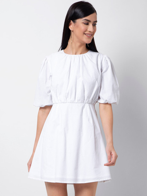 

FabAlley Women White Solid Fit and Flare Dress