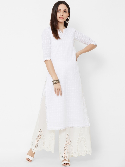 

SANISA Women White & Off-White Embroidered Straight Kurta