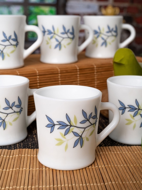 

Laopala Set Of 6 White & Blue Fontana Opalware Tea & Coffee Mugs