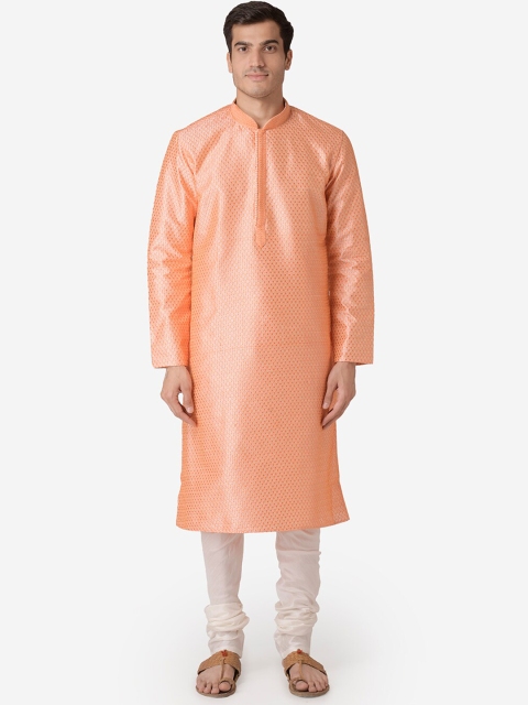 

Sanwara Men Orange & White Self Design Kurta with Churidar