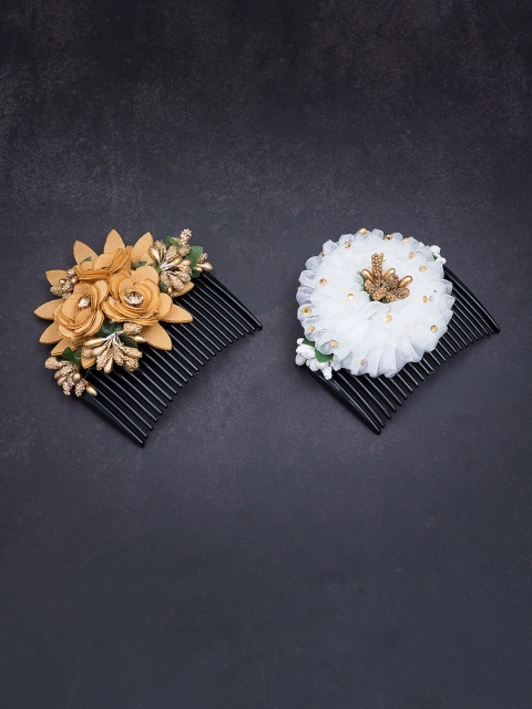 

Golden Peacock White & Brown Set of 2 Embellished Comb Pin