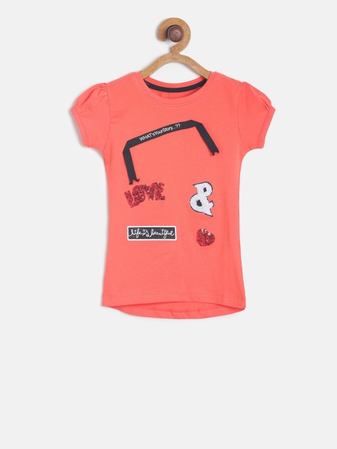 

TALES & STORIES Infant Girls Coral Red & Black Printed Round Neck T-shirt