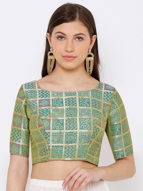 

SALWAR STUDIO Women Green & Gold-Coloured Woven-Design Readymade Saree Blouse