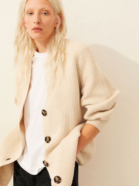 

H&M Women Beige Rib-Knit Cardigan