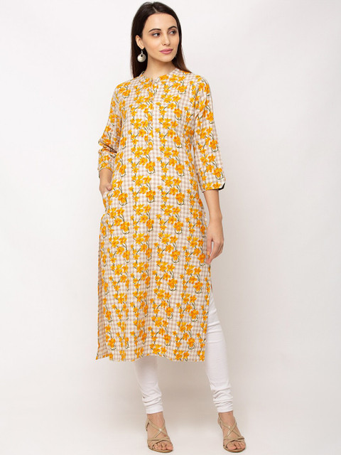 

TANKHI Women Cream-Coloured & Yellow Floral Printed A-Line Kurta