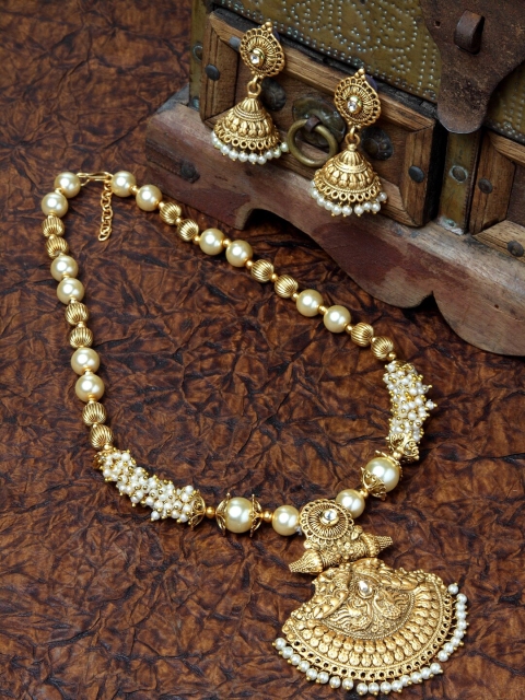 

PANASH Gold-Plated Off-White Stone-Studded Pearl Embellished Handcrafted Jewellery Set
