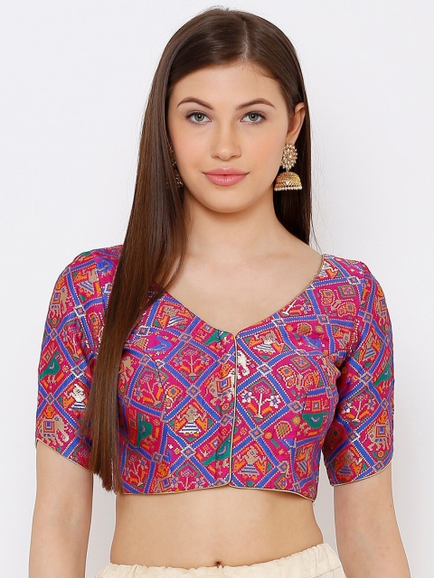 

SALWAR STUDIO Women Pink & Blue Woven-Design Readymade Saree Blouse