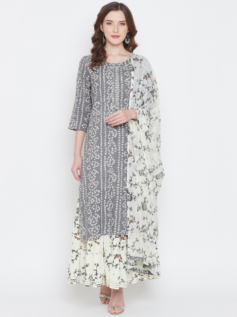 

Castle Women Grey & Off-White Printed Kurta with Skirt & Dupatta