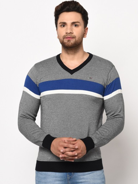 

98 Degree North Men Grey Striped Pullover Sweater