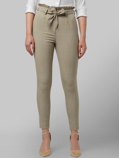 

Park Avenue Woman Beige & White Tapered Fit Checked Regular Trousers