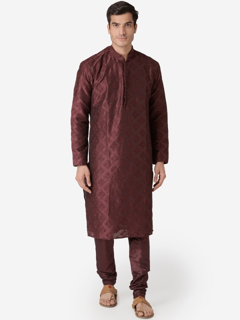 

Sanwara Men Maroon Embroidered Kurta with Pyjamas
