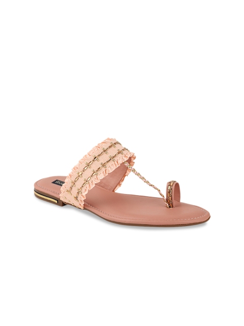 

Shoetopia Women Peach-Coloured & Gold-Toned Embellished T-Strap Flats