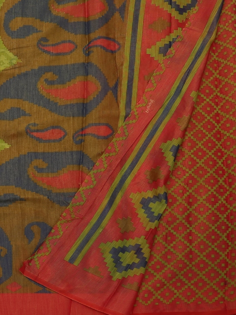 

Pothys Green & Orange Poly Georgette Woven Design Ikat Saree