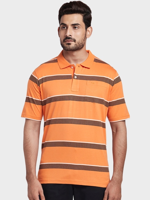 

ColorPlus Men Orange & Navy Blue Striped Polo Collar T-shirt
