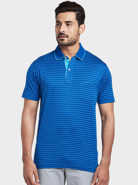 

ColorPlus Men Turquoise Blue Striped Polo Collar T-shirt